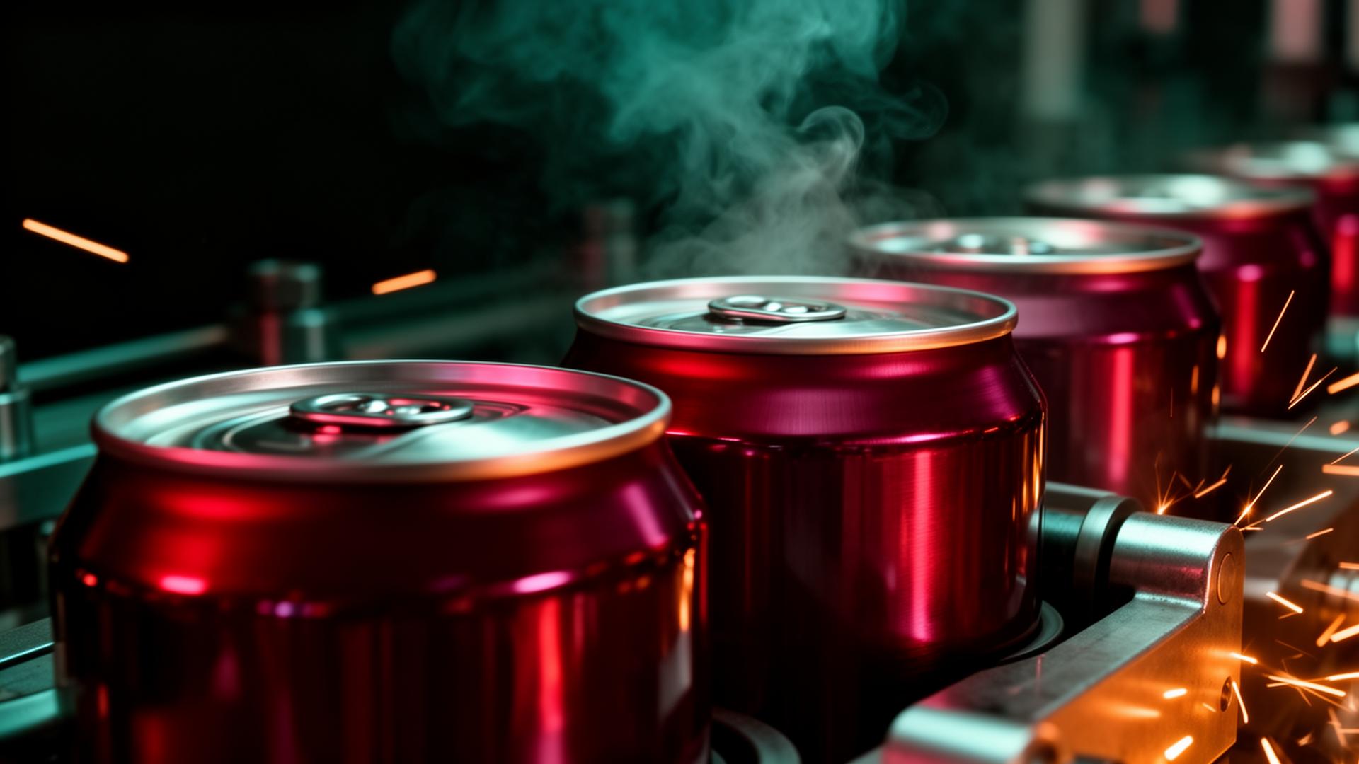 Cinematic close-up of canmaking machinery with deep red reflections