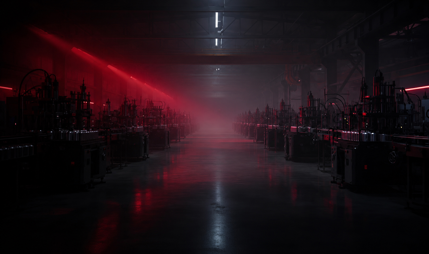 Dark factory floor with crimson light